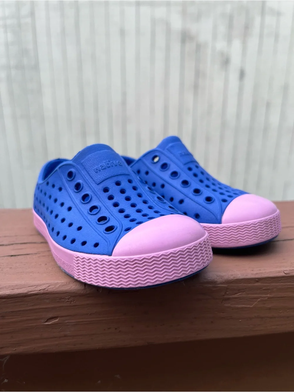 Native Shoes Kids Slip-On Water Shoes in Blue with Pink Toecaps